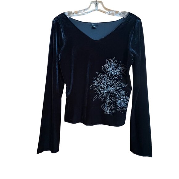 Que Tops - Black Velvet Floral Embroidered Sparkle Top Med Vintage Stretch Holiday Witchy